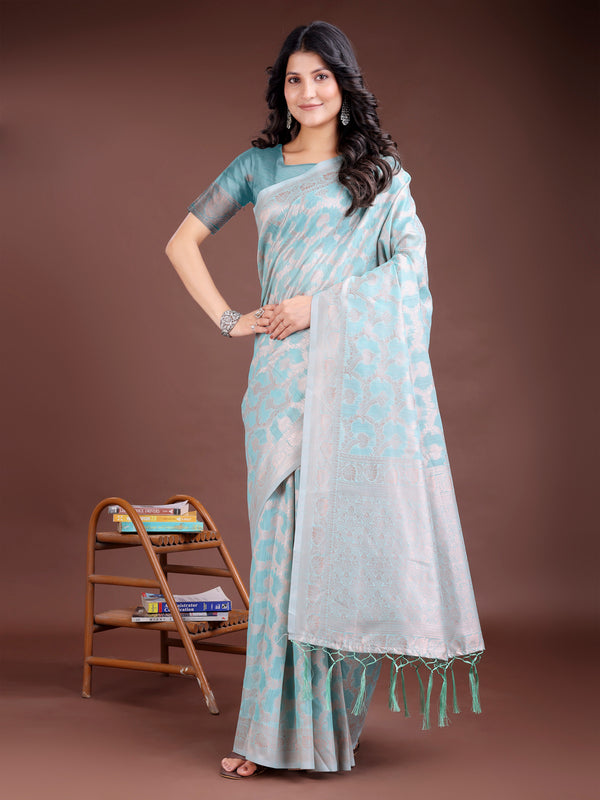 Astita Sea Green Linen Cotton Woven Zari Work Traditional Tassel Saree - Distacart