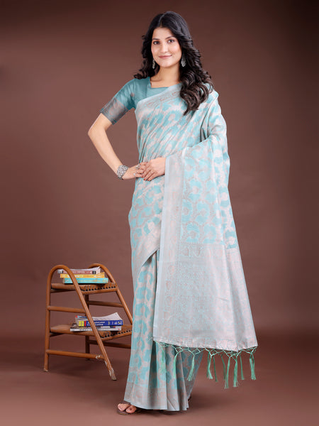 Astita Sea Green Linen Cotton Woven Zari Work Traditional Tassel Saree - Distacart