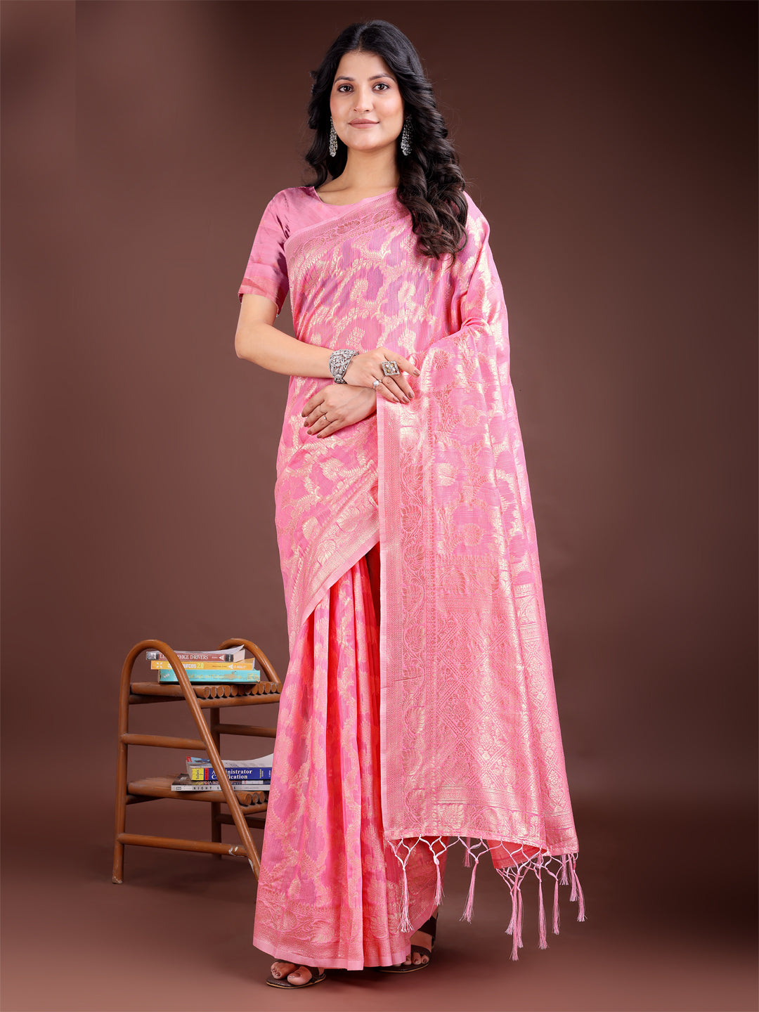 Astita Pink Linen Cotton Woven Zari Work Traditional Tassel Saree - Distacart