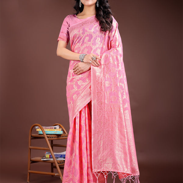 Astita Pink Linen Cotton Woven Zari Work Traditional Tassel Saree - Distacart