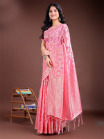 Thumbnail for Astita Pink Linen Cotton Woven Zari Work Traditional Tassel Saree - Distacart