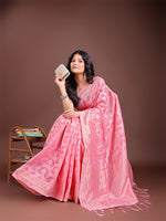 Thumbnail for Astita Pink Linen Cotton Woven Zari Work Traditional Tassel Saree - Distacart