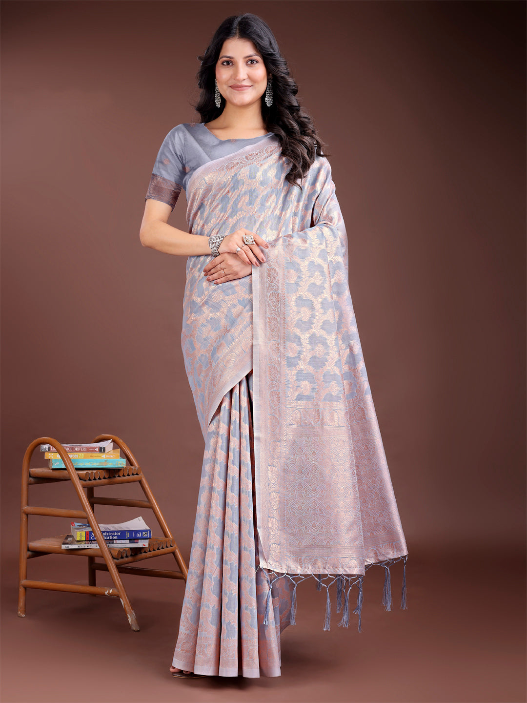 Astita Grey Linen Cotton Woven Zari Work Traditional Tassel Saree - Distacart