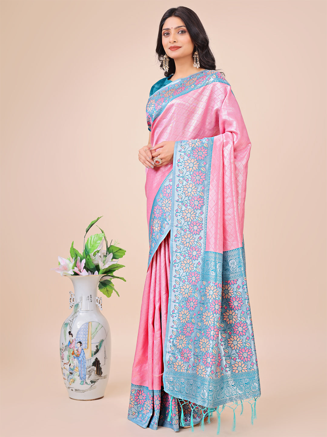 Astita Premium Pink & Sky Blue Floral Woven Lichi Silk Saree with Rich Pallu & Tassels - Festive & Party Wear for Women - Distacart