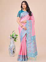 Thumbnail for Astita Premium Pink & Sky Blue Floral Woven Lichi Silk Saree with Rich Pallu & Tassels - Festive & Party Wear for Women - Distacart