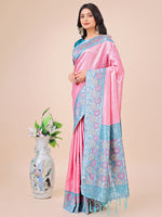 Thumbnail for Astita Premium Pink & Sky Blue Floral Woven Lichi Silk Saree with Rich Pallu & Tassels - Festive & Party Wear for Women - Distacart