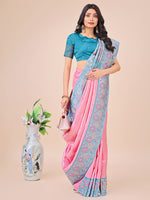 Thumbnail for Astita Premium Pink & Sky Blue Floral Woven Lichi Silk Saree with Rich Pallu & Tassels - Festive & Party Wear for Women - Distacart