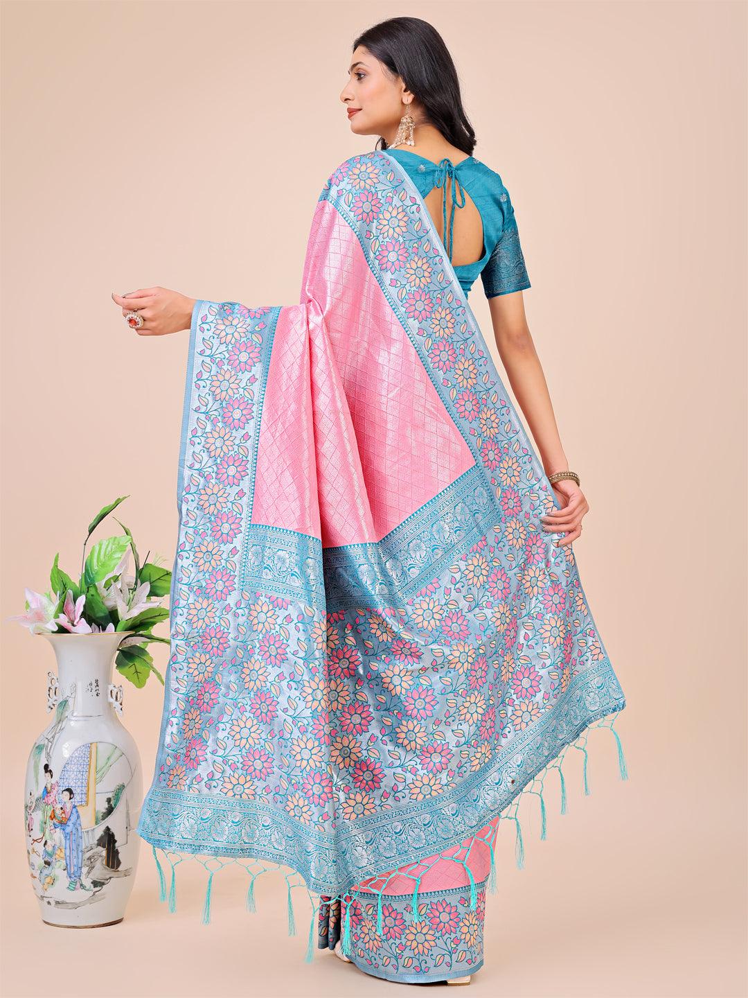 Astita Premium Pink & Sky Blue Floral Woven Lichi Silk Saree with Rich Pallu & Tassels - Festive & Party Wear for Women - Distacart