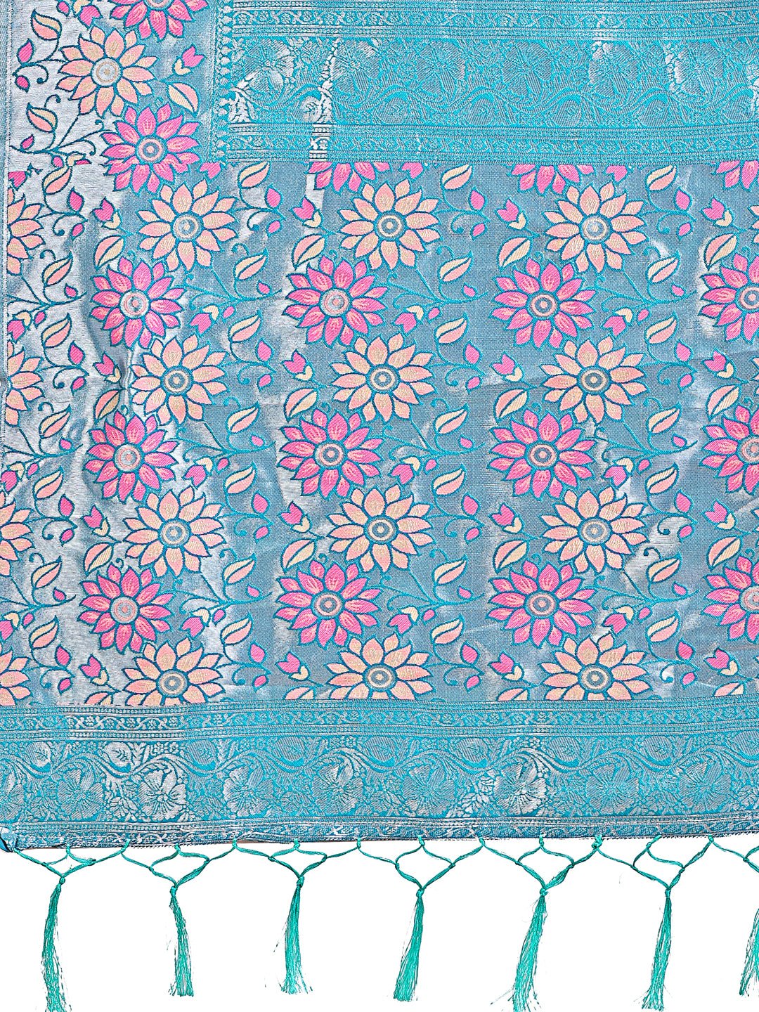 Astita Premium Pink & Sky Blue Floral Woven Lichi Silk Saree with Rich Pallu & Tassels - Festive & Party Wear for Women - Distacart