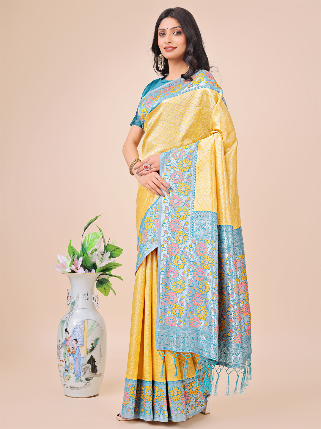 Astita Premium Yellow & Sky Blue Floral Woven Lichi Silk Saree with Rich Pallu & Tassels - Festive & Party Wear for Women - Distacart