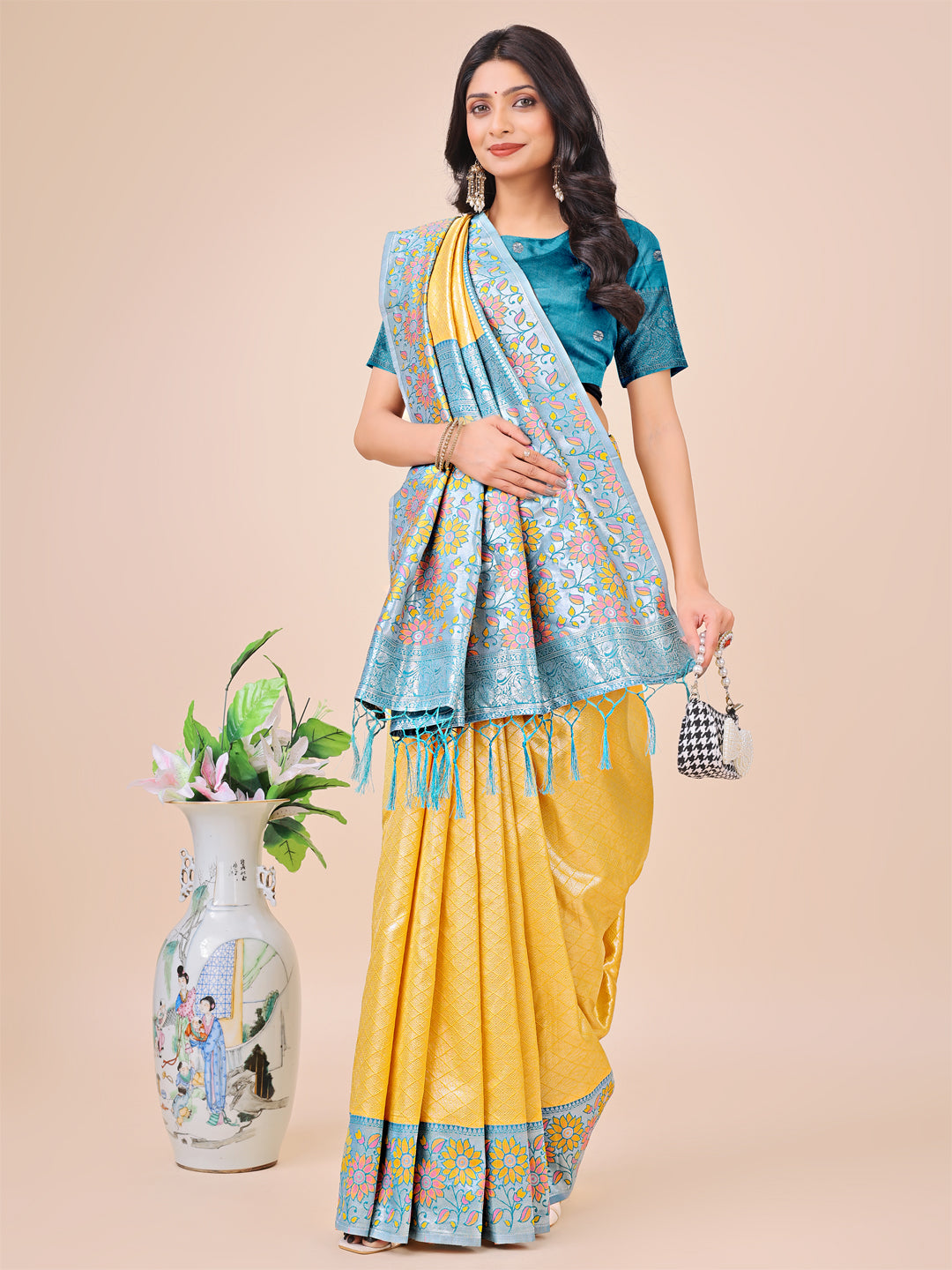Astita Premium Yellow & Sky Blue Floral Woven Lichi Silk Saree with Rich Pallu & Tassels - Festive & Party Wear for Women - Distacart