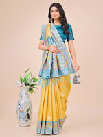 Thumbnail for Astita Premium Yellow & Sky Blue Floral Woven Lichi Silk Saree with Rich Pallu & Tassels - Festive & Party Wear for Women - Distacart