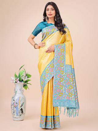 Astita Premium Yellow & Sky Blue Floral Woven Lichi Silk Saree with Rich Pallu & Tassels - Festive & Party Wear for Women - Distacart