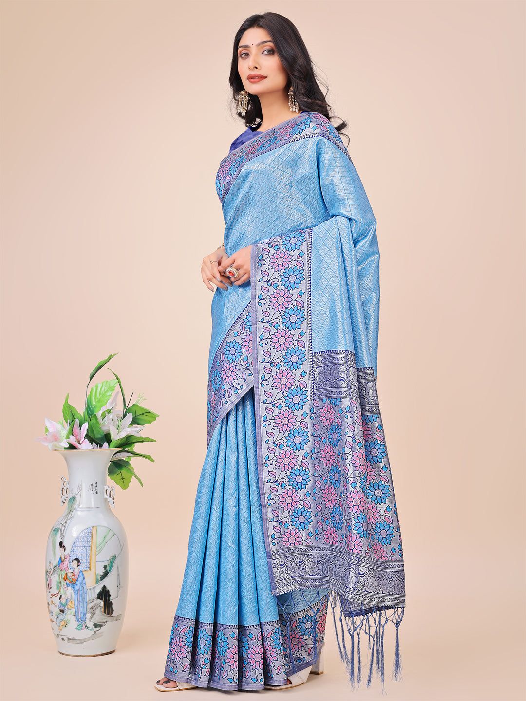 Astita Premium Sky Blue Floral Woven Lichi Silk Saree with Rich Pallu & Tassels - Festive & Party Wear for Women - Distacart