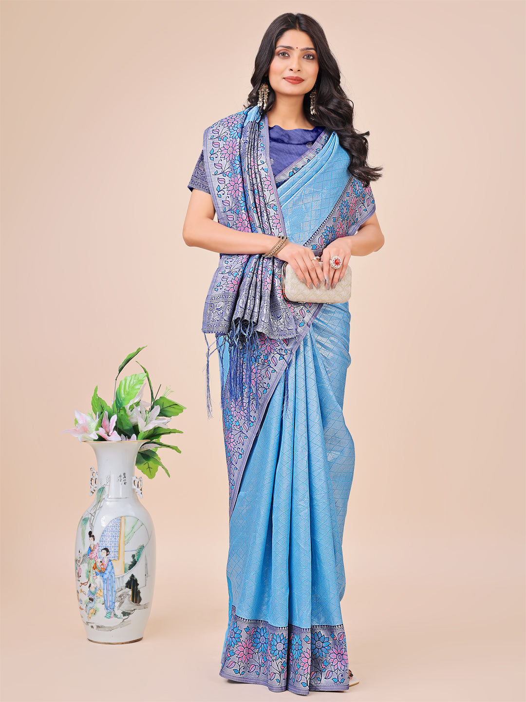 Astita Premium Sky Blue Floral Woven Lichi Silk Saree with Rich Pallu & Tassels - Festive & Party Wear for Women - Distacart