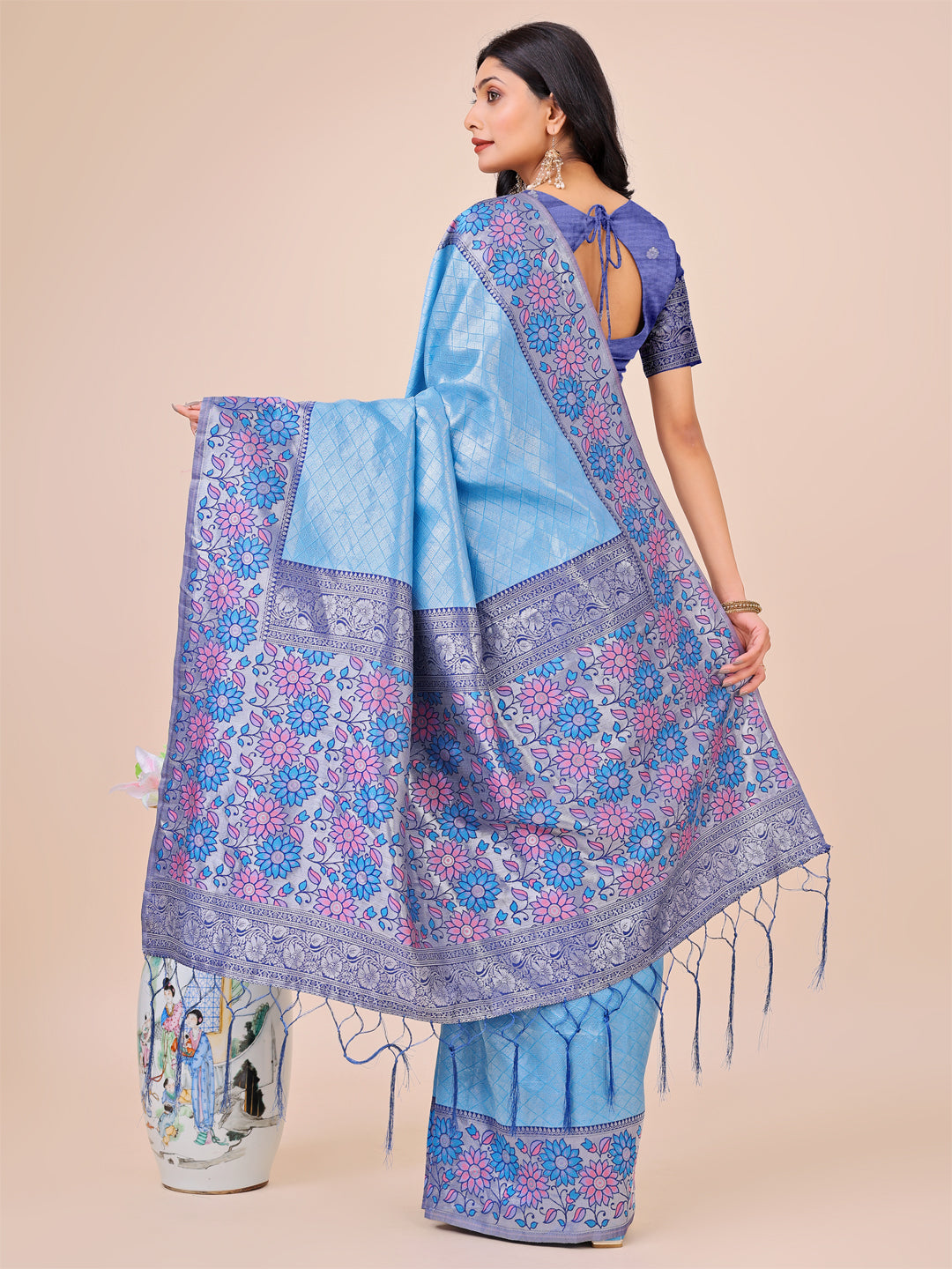 Astita Premium Sky Blue Floral Woven Lichi Silk Saree with Rich Pallu & Tassels - Festive & Party Wear for Women - Distacart