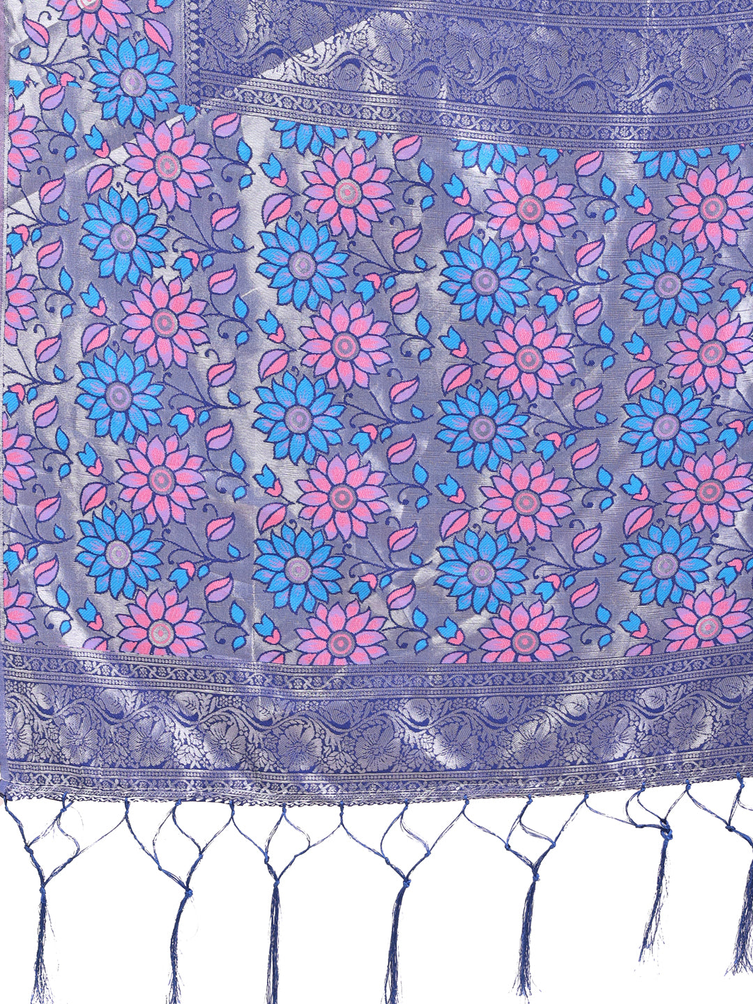 Astita Premium Sky Blue Floral Woven Lichi Silk Saree with Rich Pallu & Tassels - Festive & Party Wear for Women - Distacart