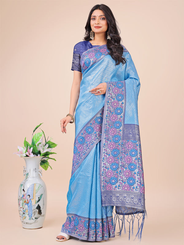 Astita Premium Sky Blue Floral Woven Lichi Silk Saree with Rich Pallu & Tassels - Festive & Party Wear for Women - Distacart