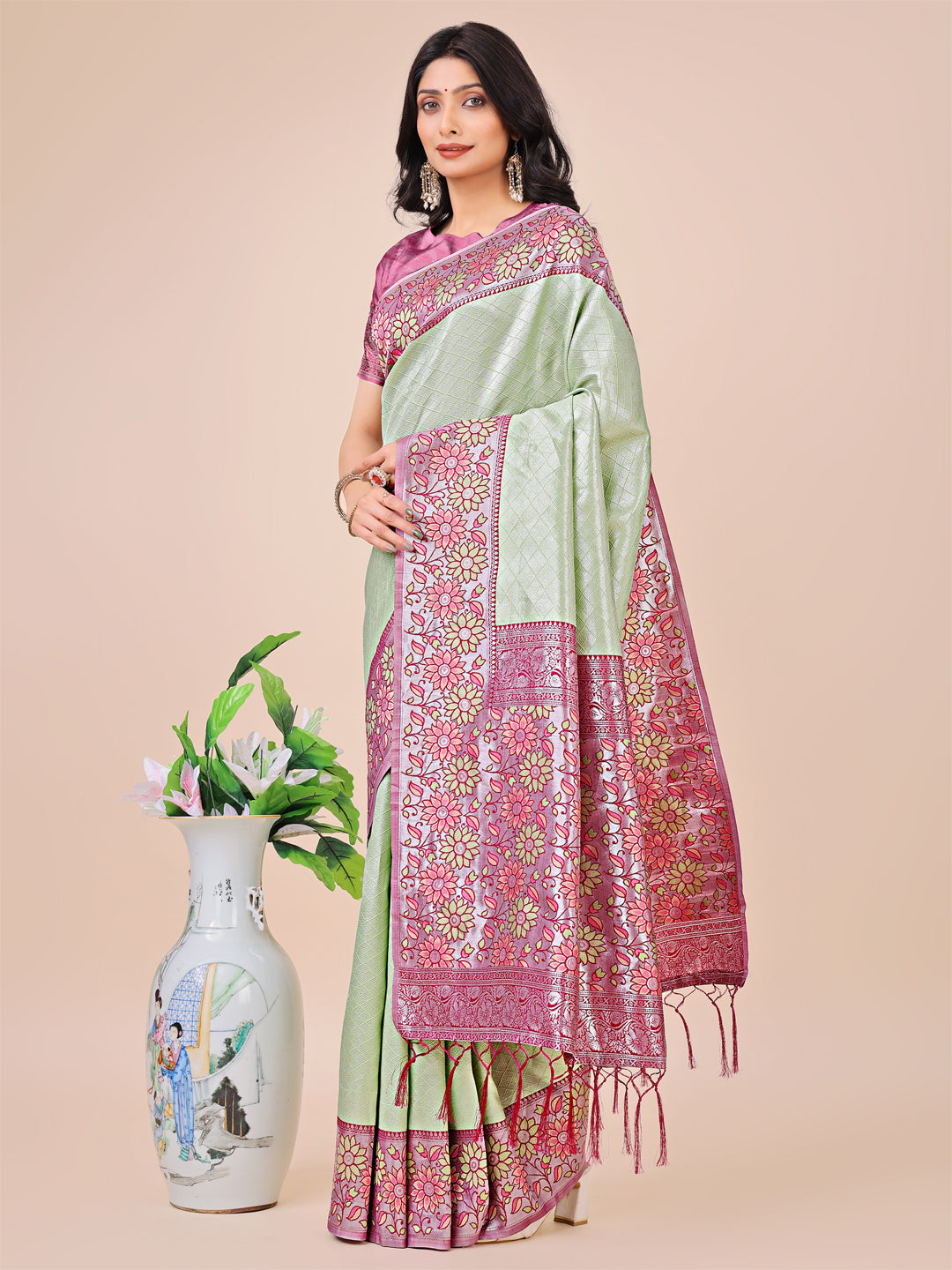 Astita Premium Olive Green & Pink Floral Woven Lichi Silk Saree with Rich Pallu & Tassels - Festive & Party Wear for Women - Distacart
