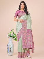 Thumbnail for Astita Premium Olive Green & Pink Floral Woven Lichi Silk Saree with Rich Pallu & Tassels - Festive & Party Wear for Women - Distacart