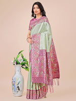 Thumbnail for Astita Premium Olive Green & Pink Floral Woven Lichi Silk Saree with Rich Pallu & Tassels - Festive & Party Wear for Women - Distacart