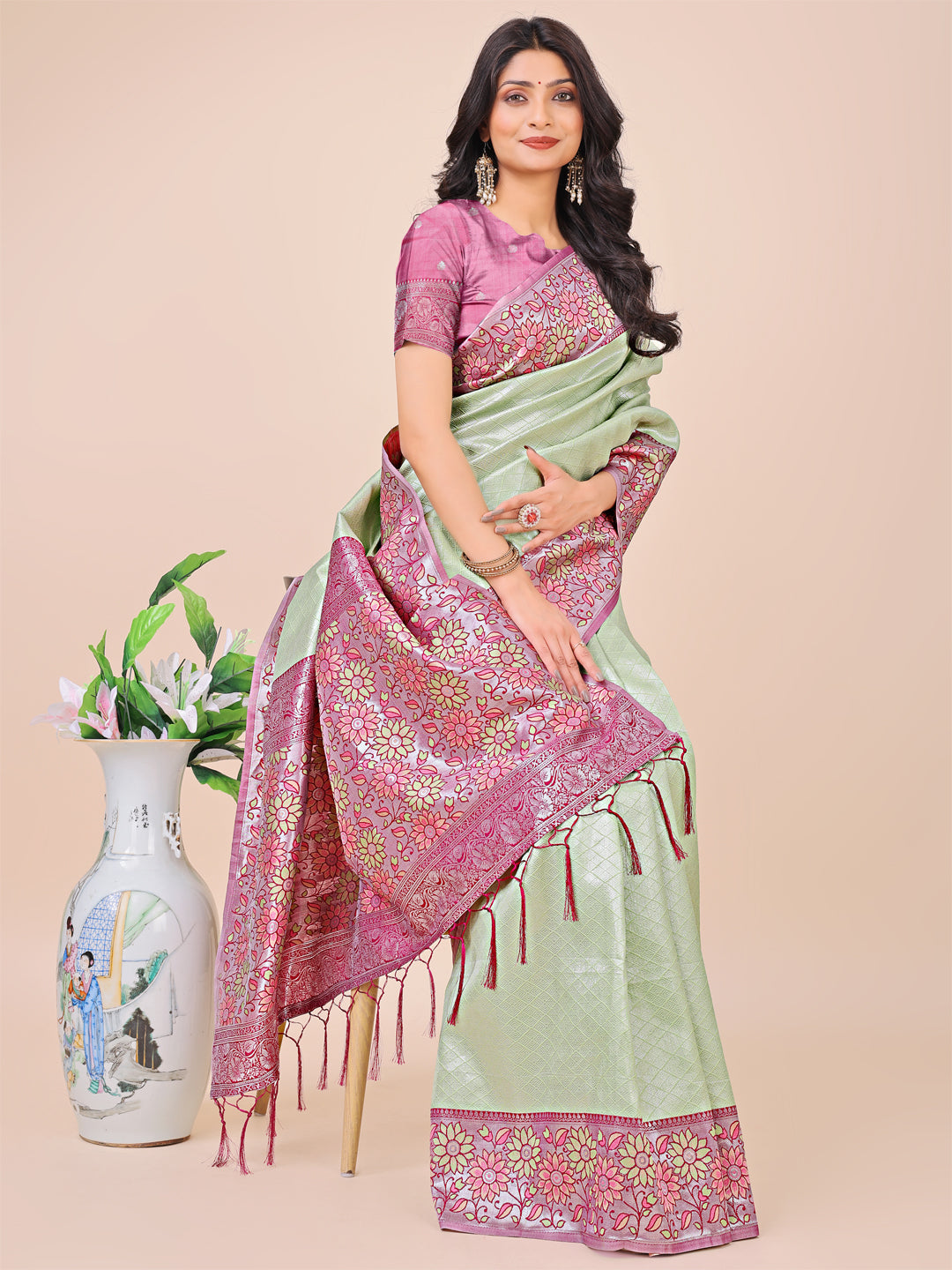 Astita Premium Olive Green & Pink Floral Woven Lichi Silk Saree with Rich Pallu & Tassels - Festive & Party Wear for Women - Distacart