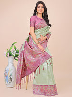 Thumbnail for Astita Premium Olive Green & Pink Floral Woven Lichi Silk Saree with Rich Pallu & Tassels - Festive & Party Wear for Women - Distacart