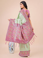 Thumbnail for Astita Premium Olive Green & Pink Floral Woven Lichi Silk Saree with Rich Pallu & Tassels - Festive & Party Wear for Women - Distacart