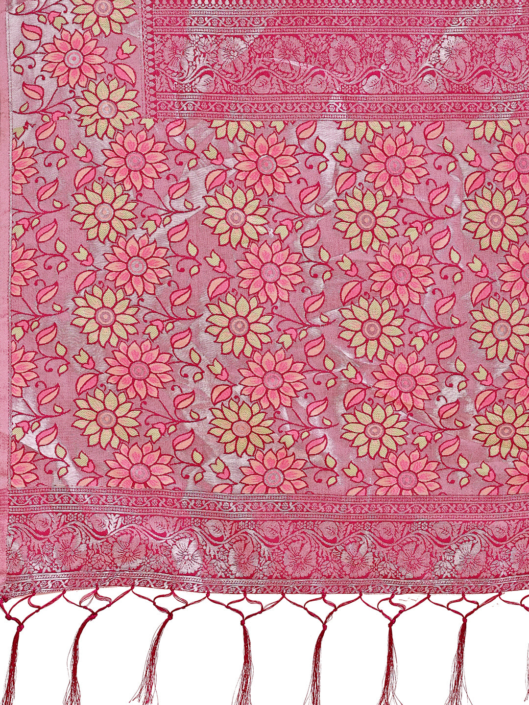 Astita Premium Olive Green & Pink Floral Woven Lichi Silk Saree with Rich Pallu & Tassels - Festive & Party Wear for Women - Distacart