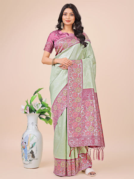 Astita Premium Olive Green & Pink Floral Woven Lichi Silk Saree with Rich Pallu & Tassels - Festive & Party Wear for Women - Distacart