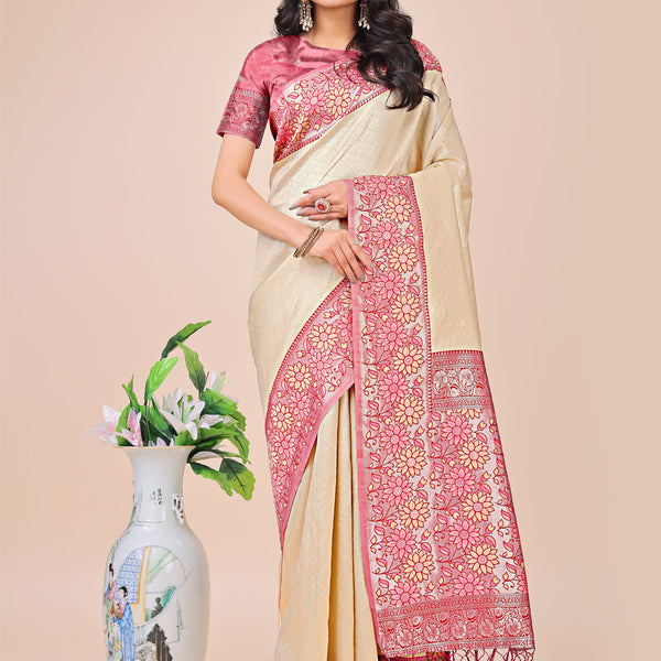Astita Premium Cream & Red Floral Woven Lichi Silk Saree with Rich Pallu & Tassels - Festive & Party Wear for Women - Distacart