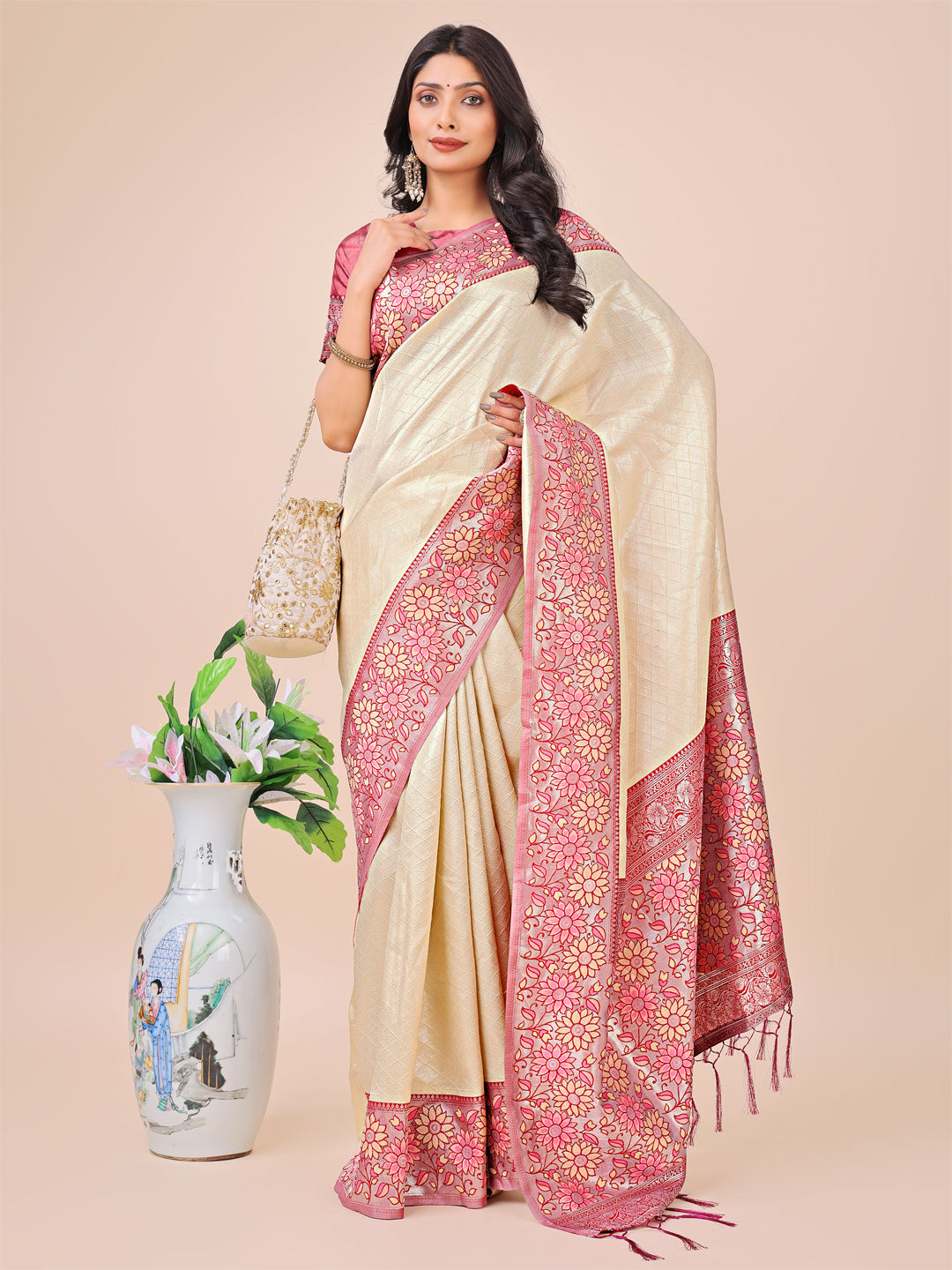 Astita Premium Cream & Red Floral Woven Lichi Silk Saree with Rich Pallu & Tassels - Festive & Party Wear for Women - Distacart