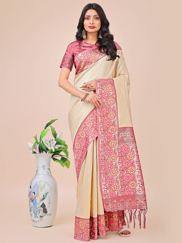 Astita Premium Cream & Red Floral Woven Lichi Silk Saree with Rich Pallu & Tassels - Festive & Party Wear for Women - Distacart
