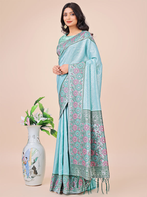 Astita Premium Teal & Green Floral Woven Lichi Silk Saree with Rich Pallu & Tassels - Festive & Party Wear for Women - Distacart