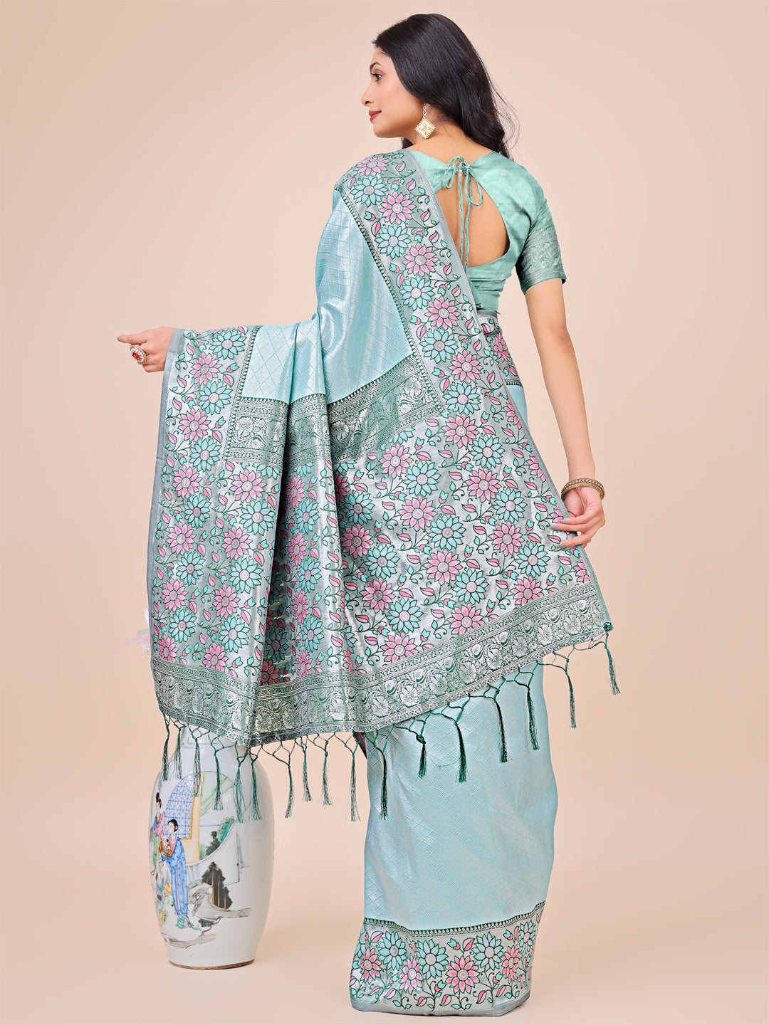 Astita Premium Teal & Green Floral Woven Lichi Silk Saree with Rich Pallu & Tassels - Festive & Party Wear for Women - Distacart