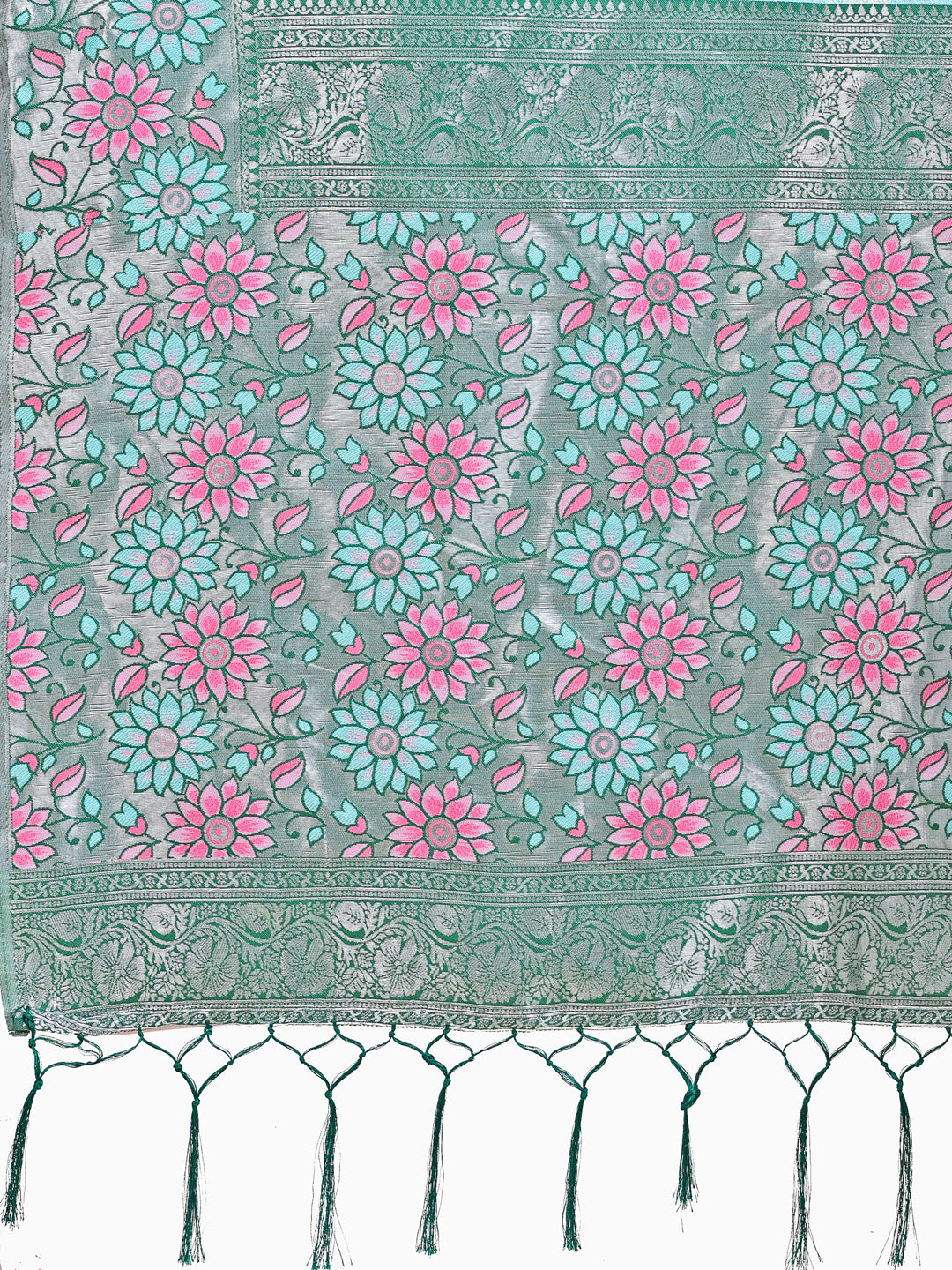 Astita Premium Teal & Green Floral Woven Lichi Silk Saree with Rich Pallu & Tassels - Festive & Party Wear for Women - Distacart