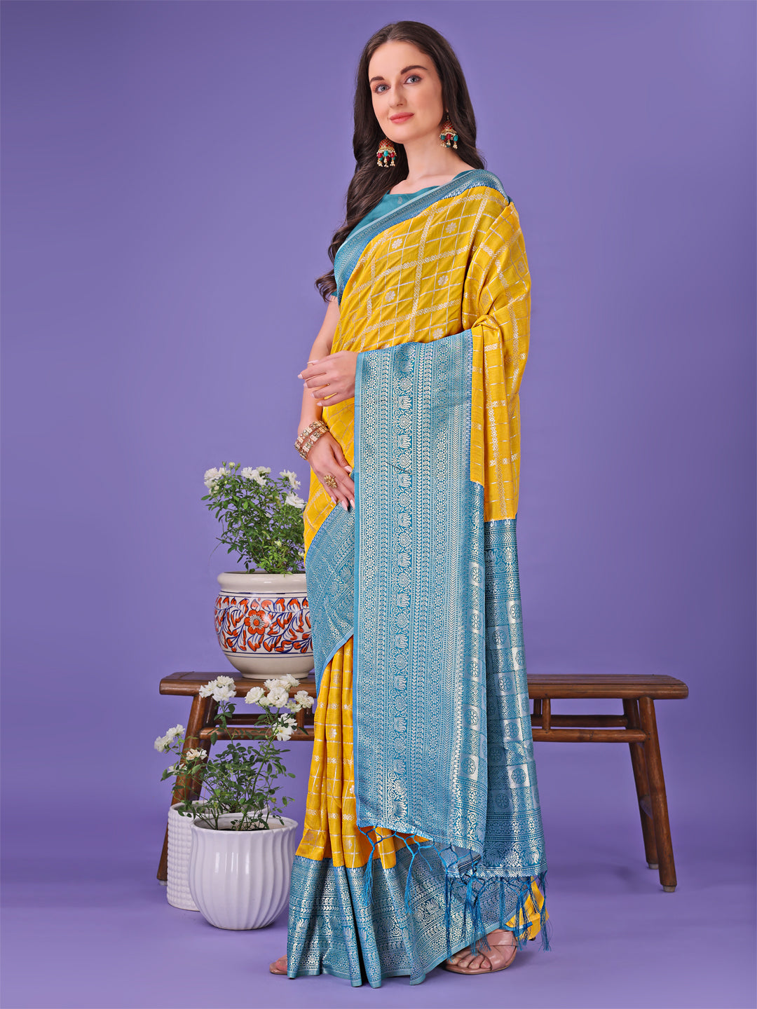 Astita Vibrant Yellow & Blue Lichi Silk Saree with Rich Woven Border and Contrast Blouse - Festive & Wedding Wear - Distacart