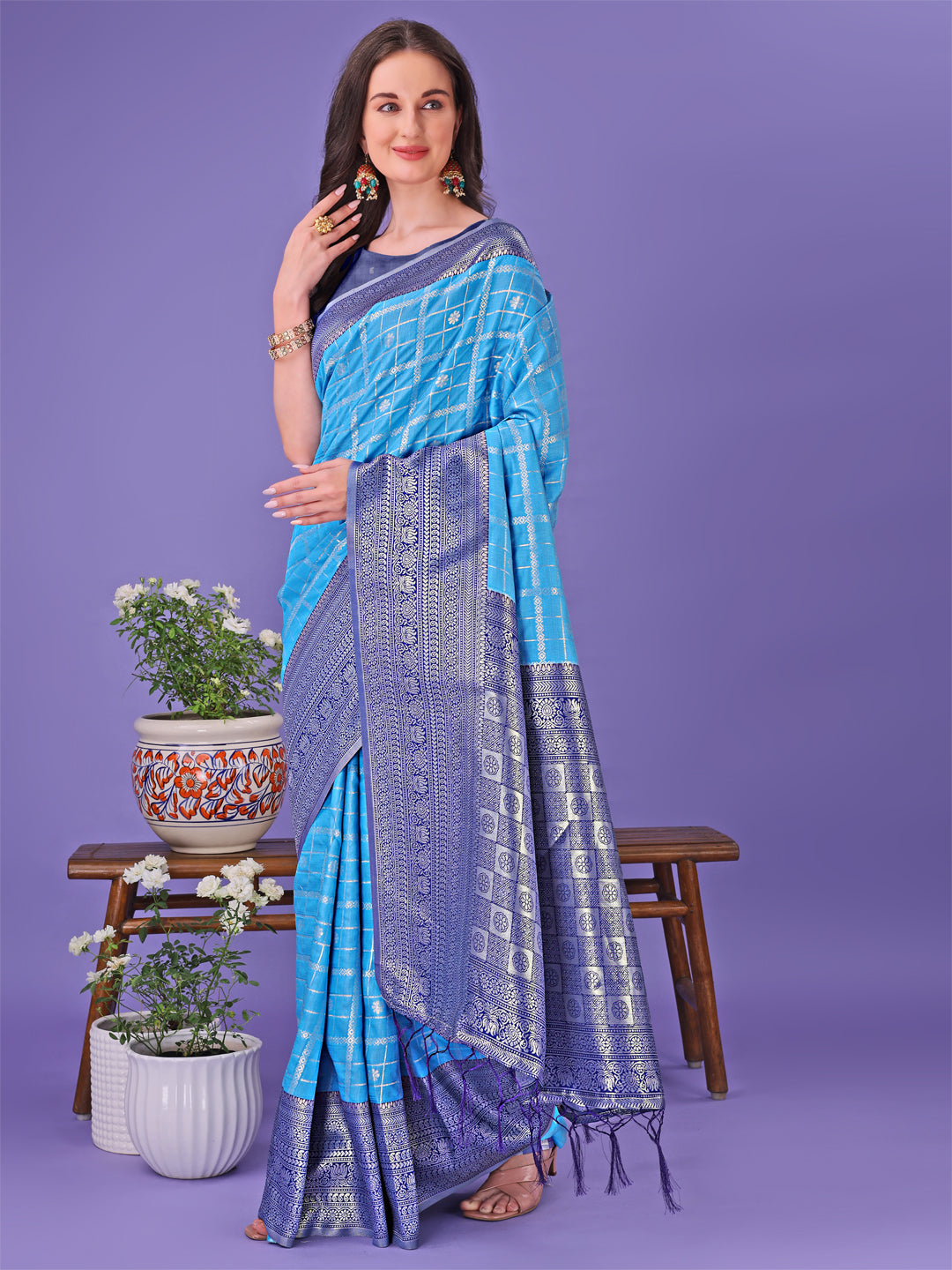 Astita Vibrant Sky Blue & Blue Lichi Silk Saree with Rich Woven Border and Contrast Blouse - Festive & Wedding Wear - Distacart
