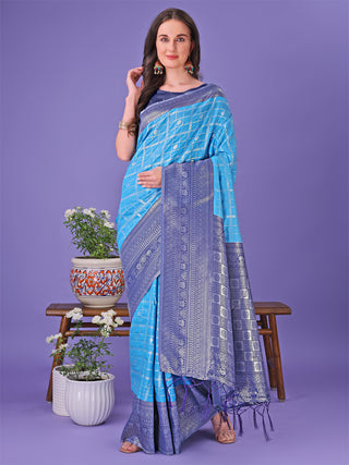 Astita Vibrant Sky Blue & Blue Lichi Silk Saree with Rich Woven Border and Contrast Blouse - Festive & Wedding Wear - Distacart