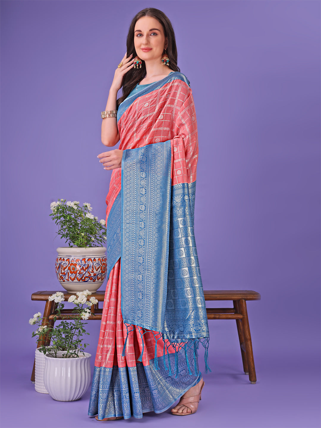 Astita Vibrant Peach & Teal Lichi Silk Saree with Rich Woven Border and Contrast Blouse - Festive & Wedding Wear - Distacart