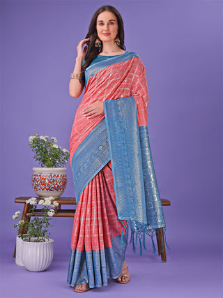 Astita Vibrant Peach & Teal Lichi Silk Saree with Rich Woven Border and Contrast Blouse - Festive & Wedding Wear - Distacart