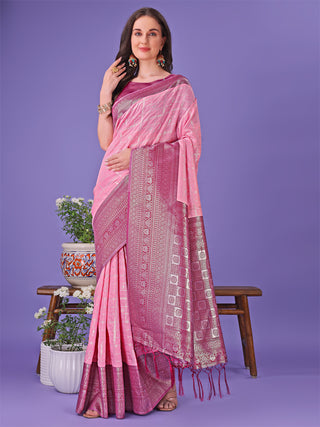Astita Vibrant Pink & Magenta Lichi Silk Saree with Rich Woven Border and Contrast Blouse - Festive & Wedding Wear - Distacart