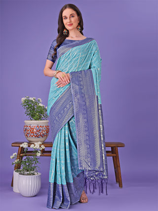 Astita Vibrant Sea Green & Blue Lichi Silk Saree with Rich Woven Border and Contrast Blouse - Festive & Wedding Wear - Distacart