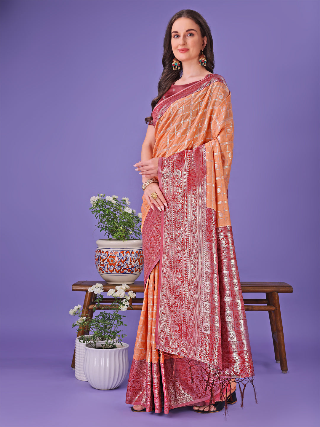 Astita Vibrant Orange & Red Lichi Silk Saree with Rich Woven Border and Contrast Blouse - Festive & Wedding Wear - Distacart
