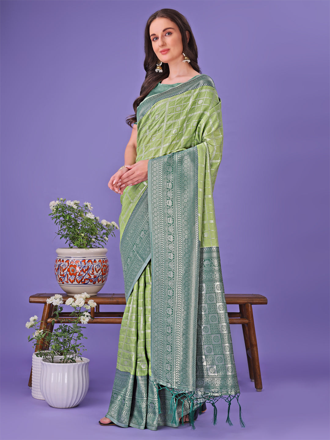 Astita Vibrant Light Green & Dark Green Lichi Silk Saree with Rich Woven Border and Contrast Blouse - Festive & Wedding Wear - Distacart