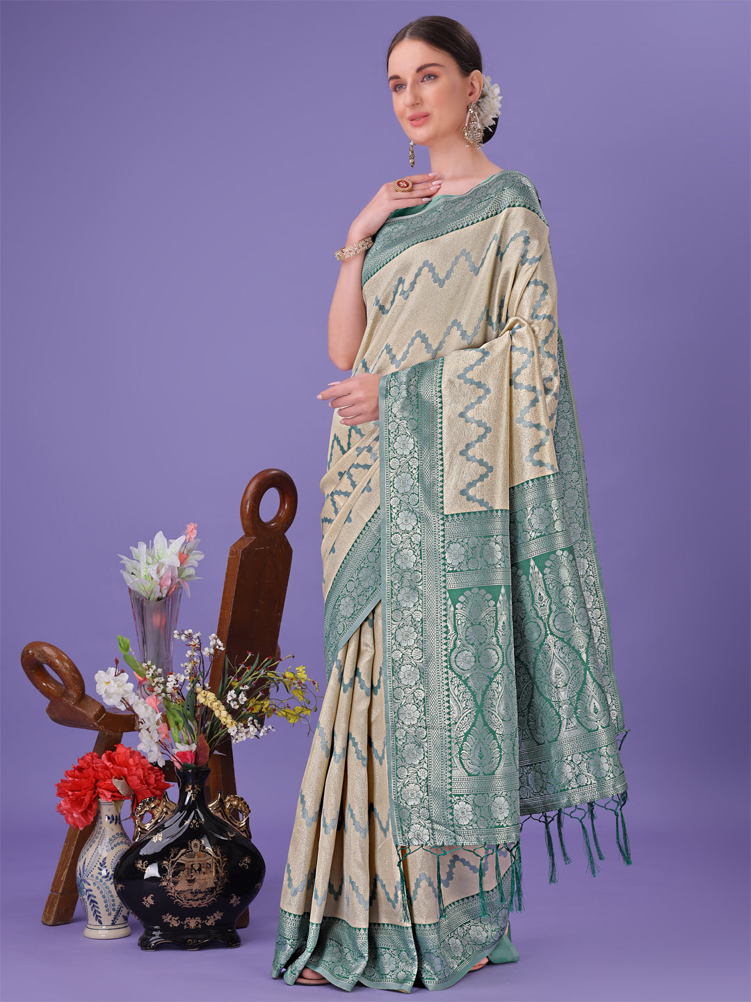Astita Cream & Green Lichi Silk Saree with Rich Woven Border and Zigzag Pattern - Wedding & Festive Wear - Distacart