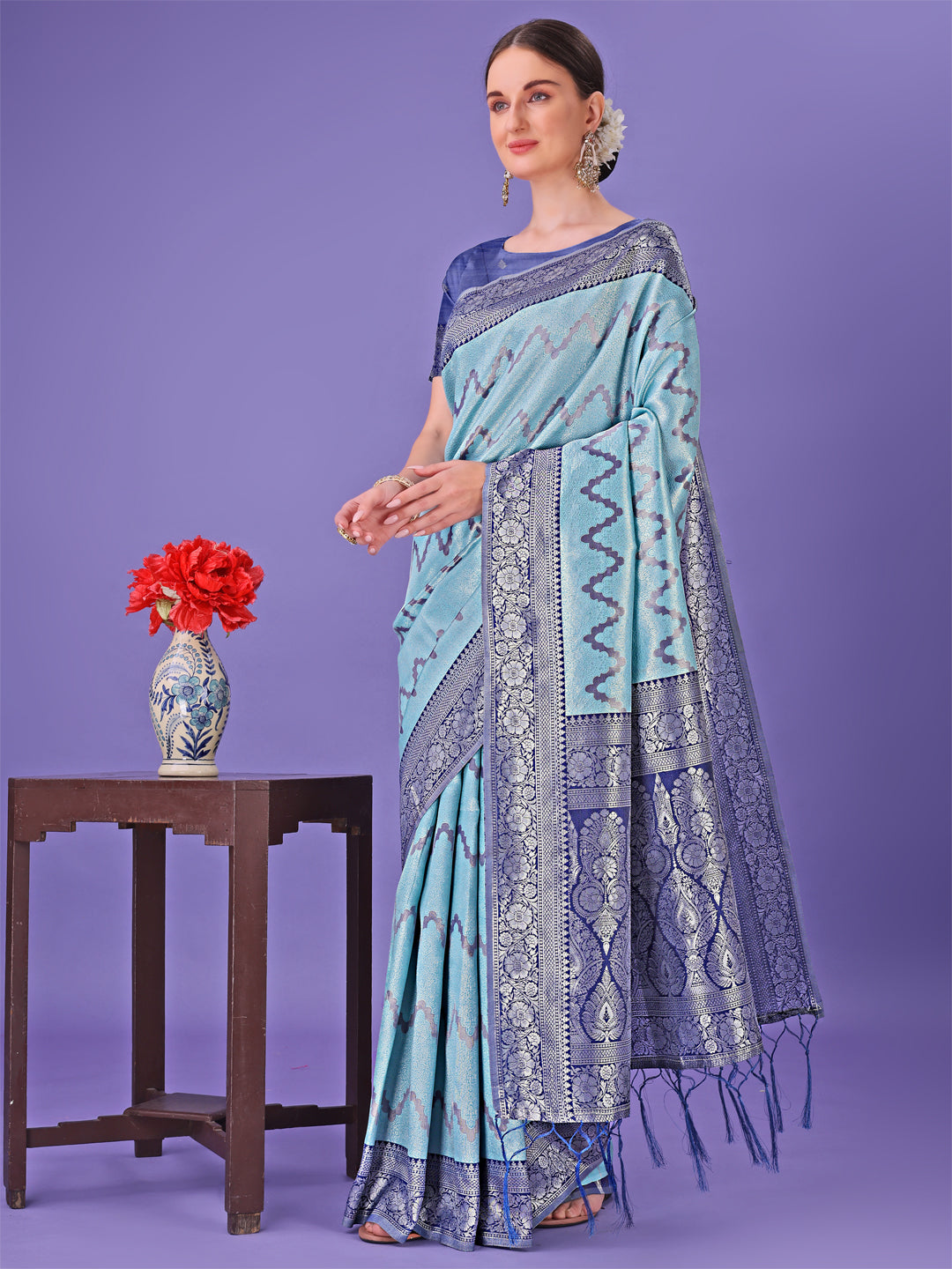 Astita Sky Blue & Green Lichi Silk Saree with Rich Woven Border and Zigzag Pattern - Wedding & Festive Wear - Distacart