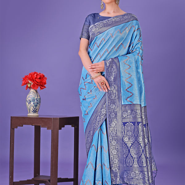 Astita Blue & Navy Blue Lichi Silk Saree with Rich Woven Border and Zigzag Pattern - Wedding & Festive Wear - Distacart