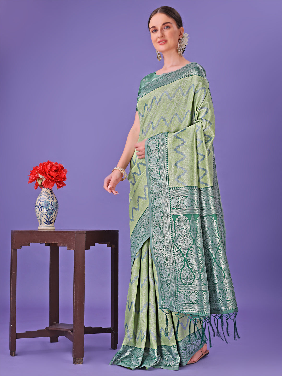 Astita Light Green & Green Lichi Silk Saree with Rich Woven Border and Zigzag Pattern - Wedding & Festive Wear - Distacart
