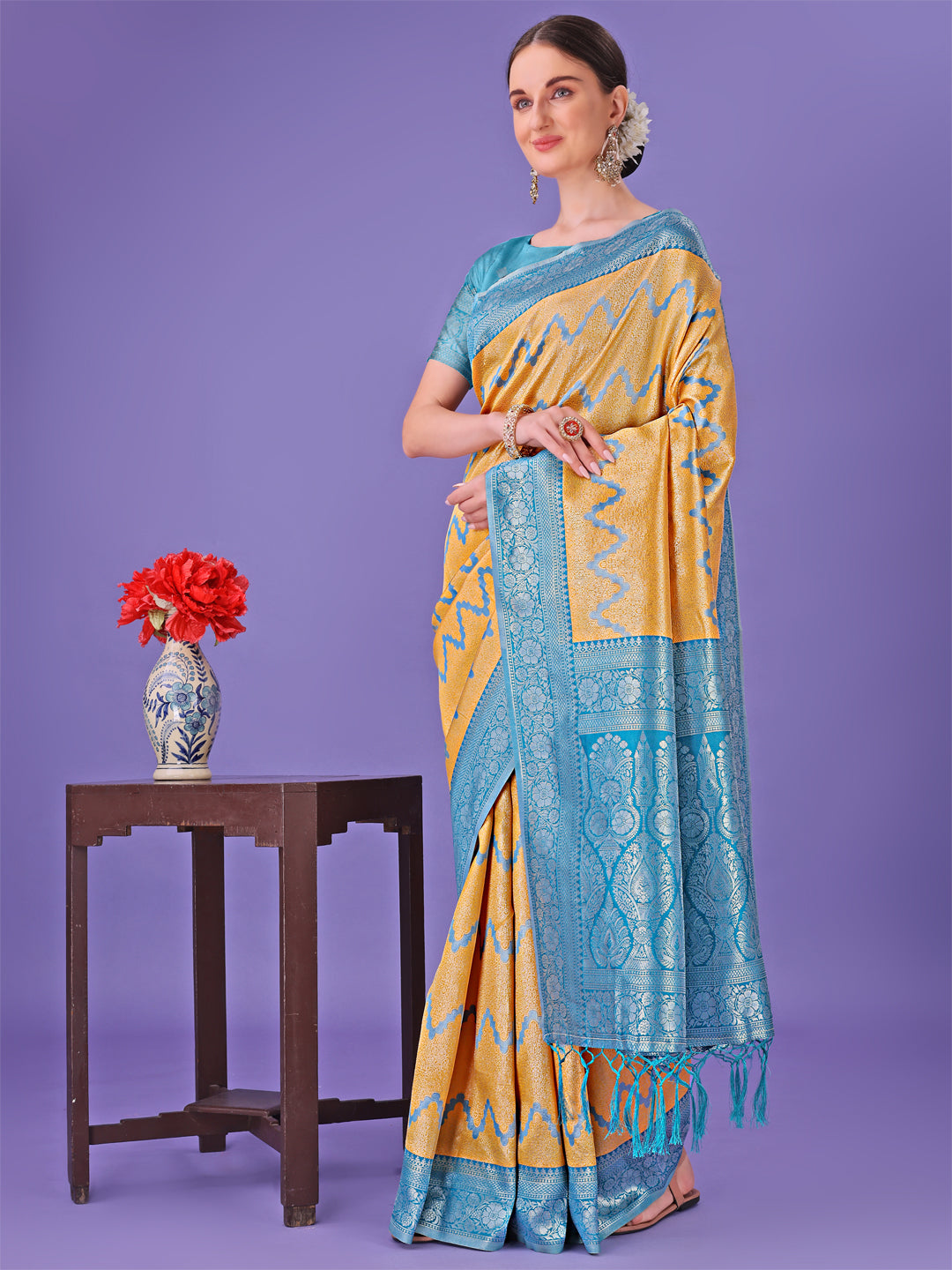 Astita Yellow & Sky Blue Lichi Silk Saree with Rich Woven Border and Zigzag Pattern - Wedding & Festive Wear - Distacart